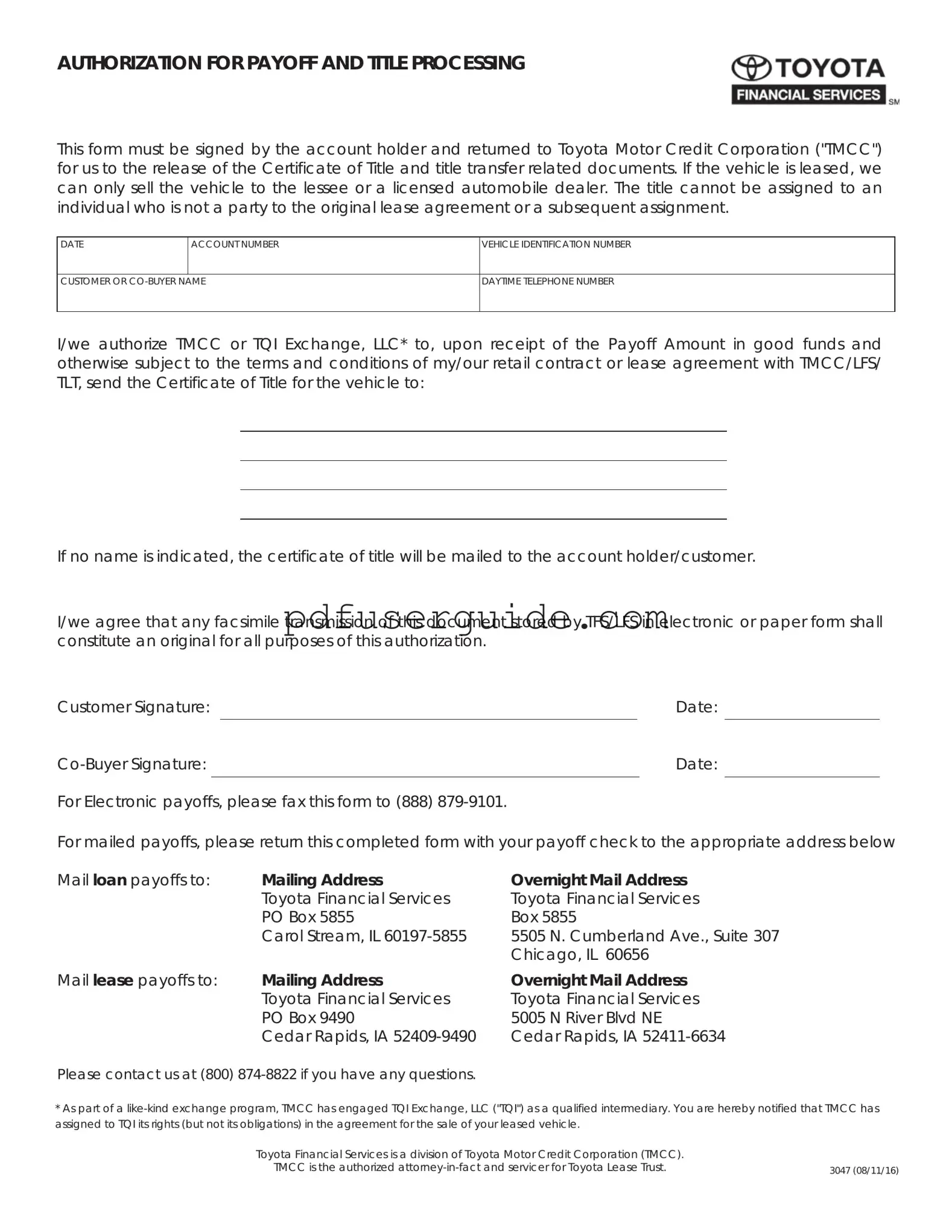 Free Toyota Finacial Payoff Form in PDF