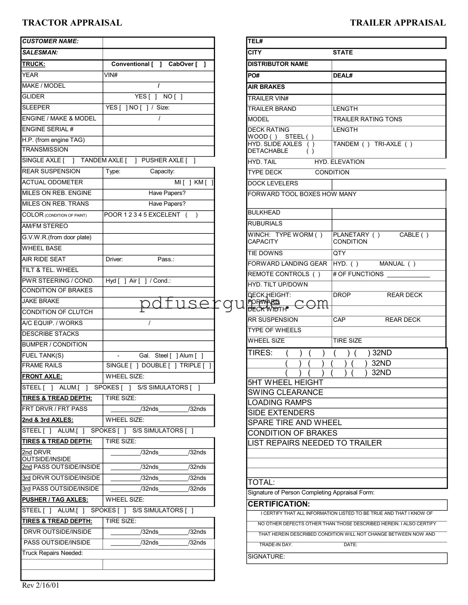 Free Tractor Trailer Appraisal Form in PDF