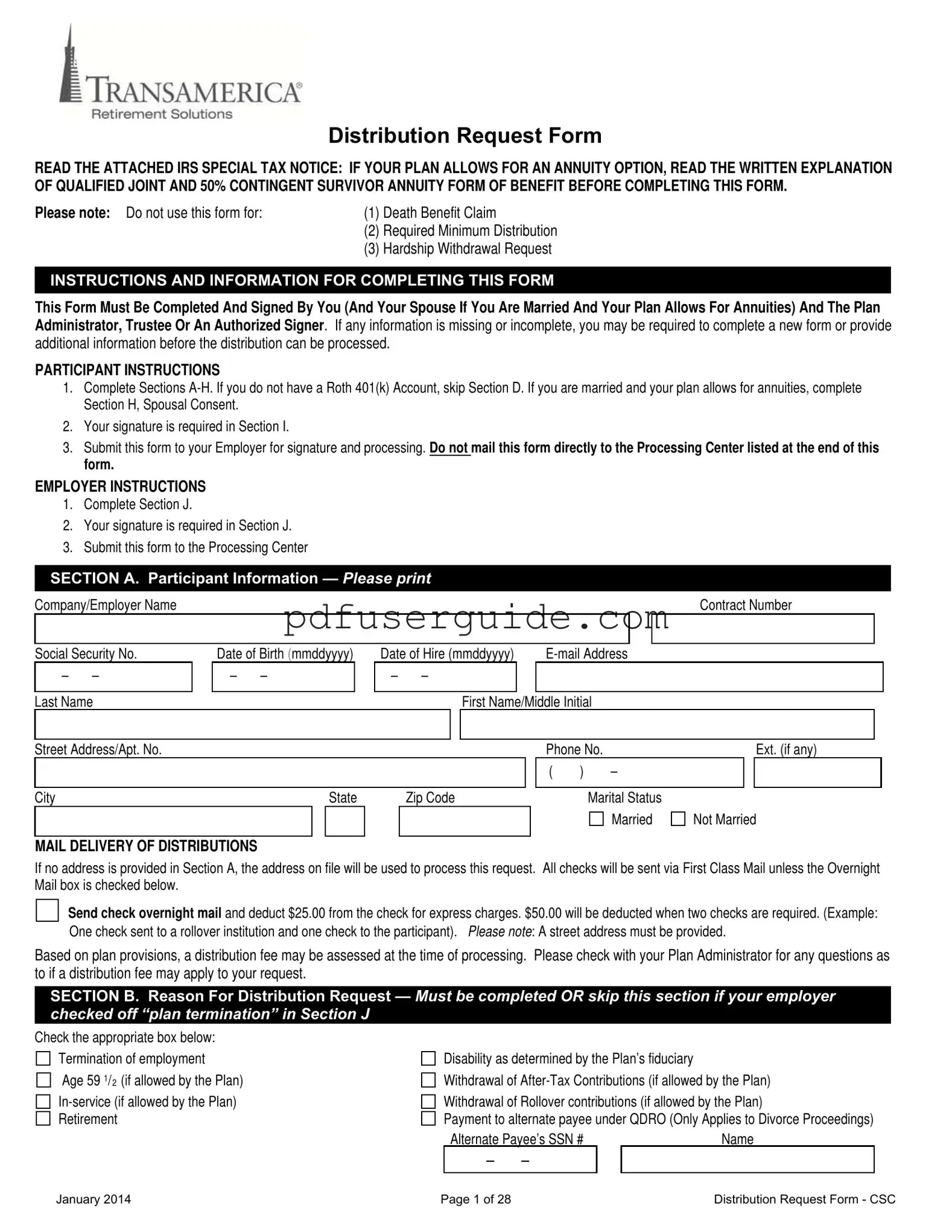 Free Transamerica 401K Withdrawal Form in PDF