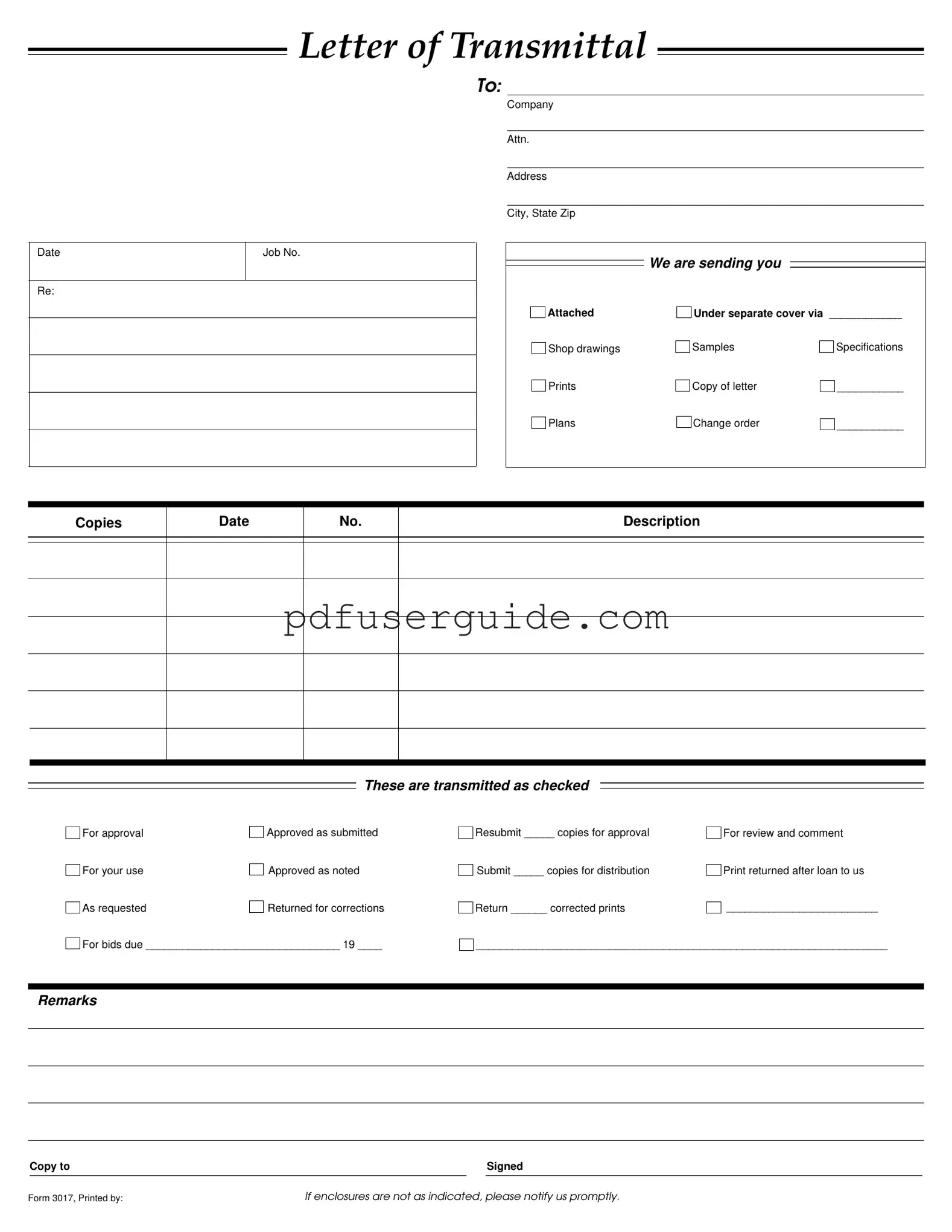 Free Transmittal Form in PDF