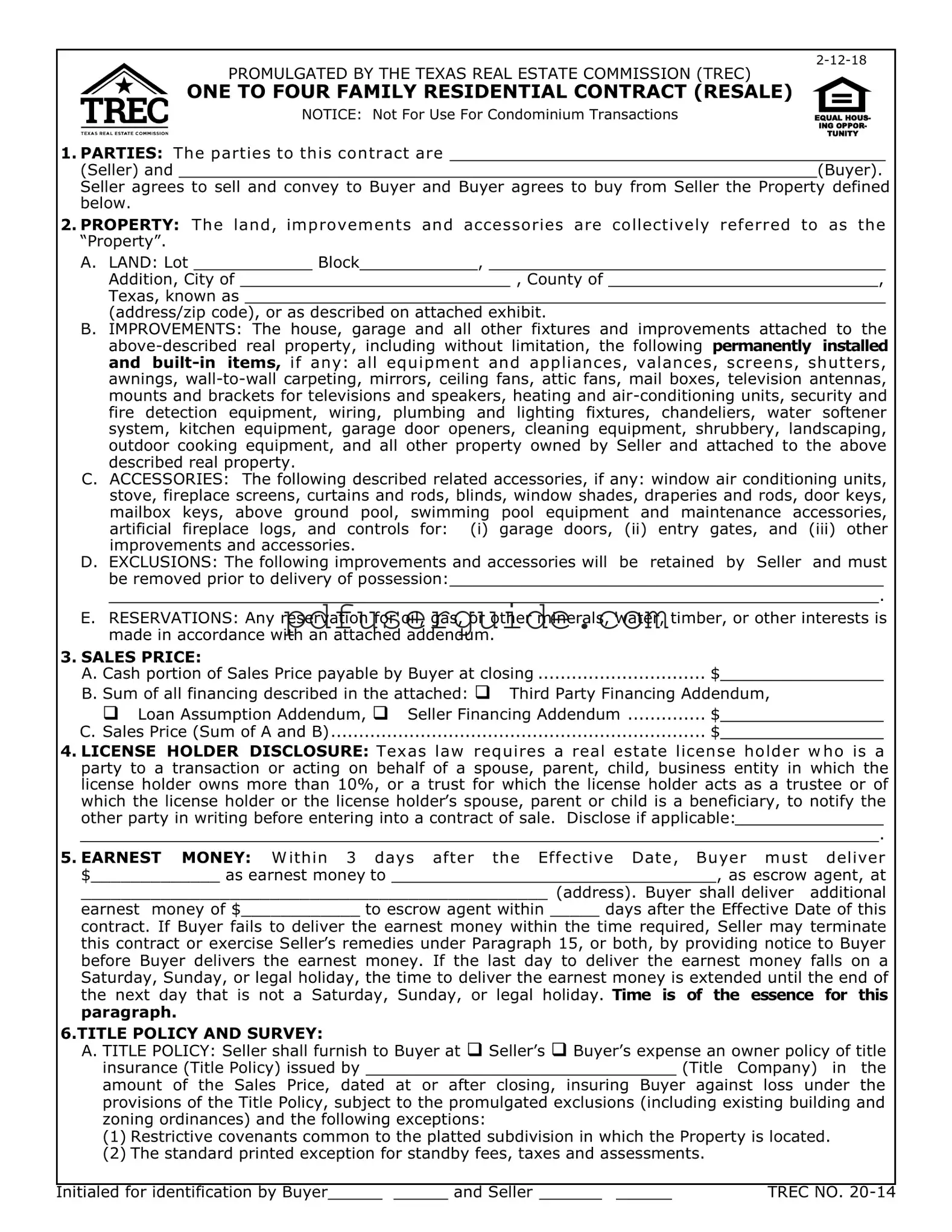 Free TREC One to four family residential contract Form in PDF