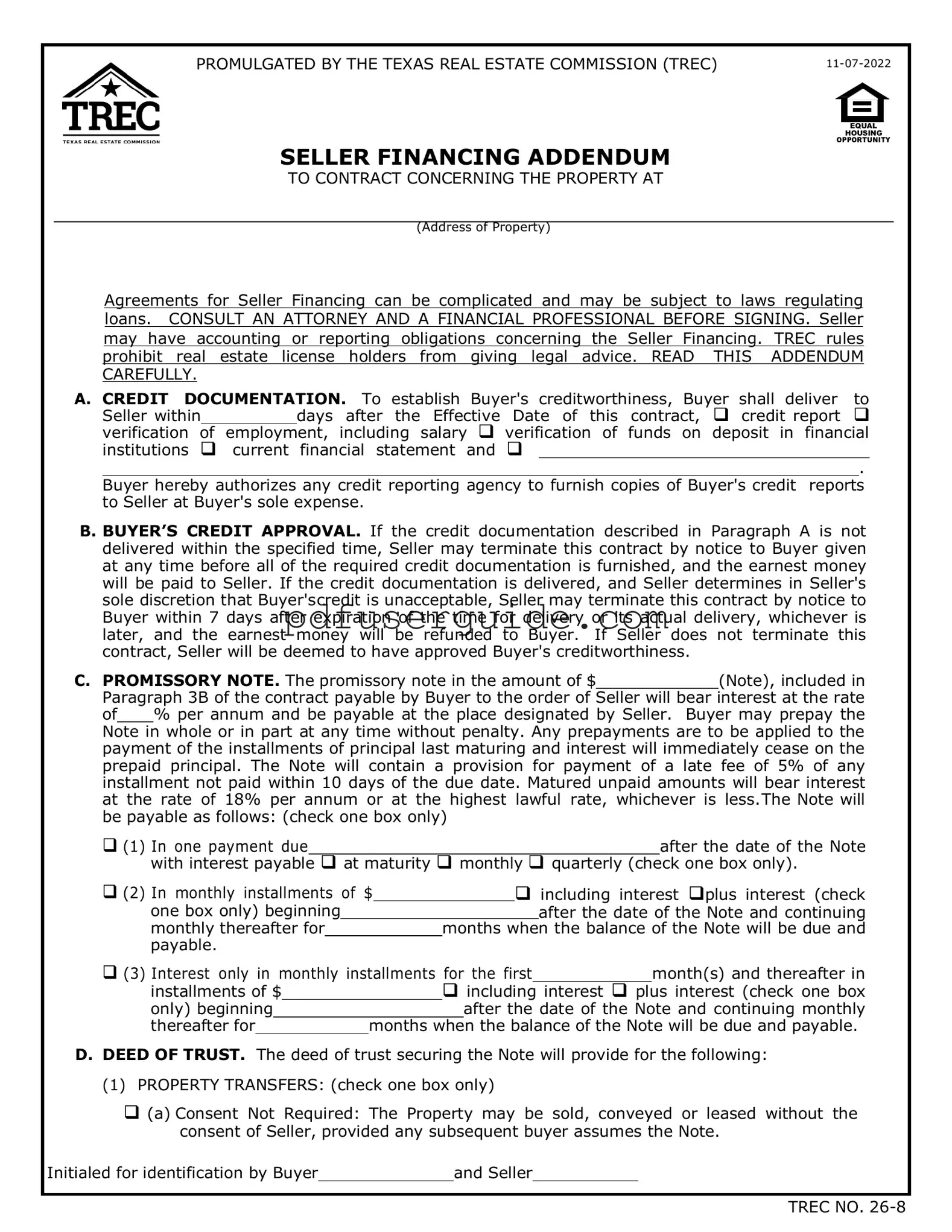 Free Trec Seller Financing Addendum Form in PDF