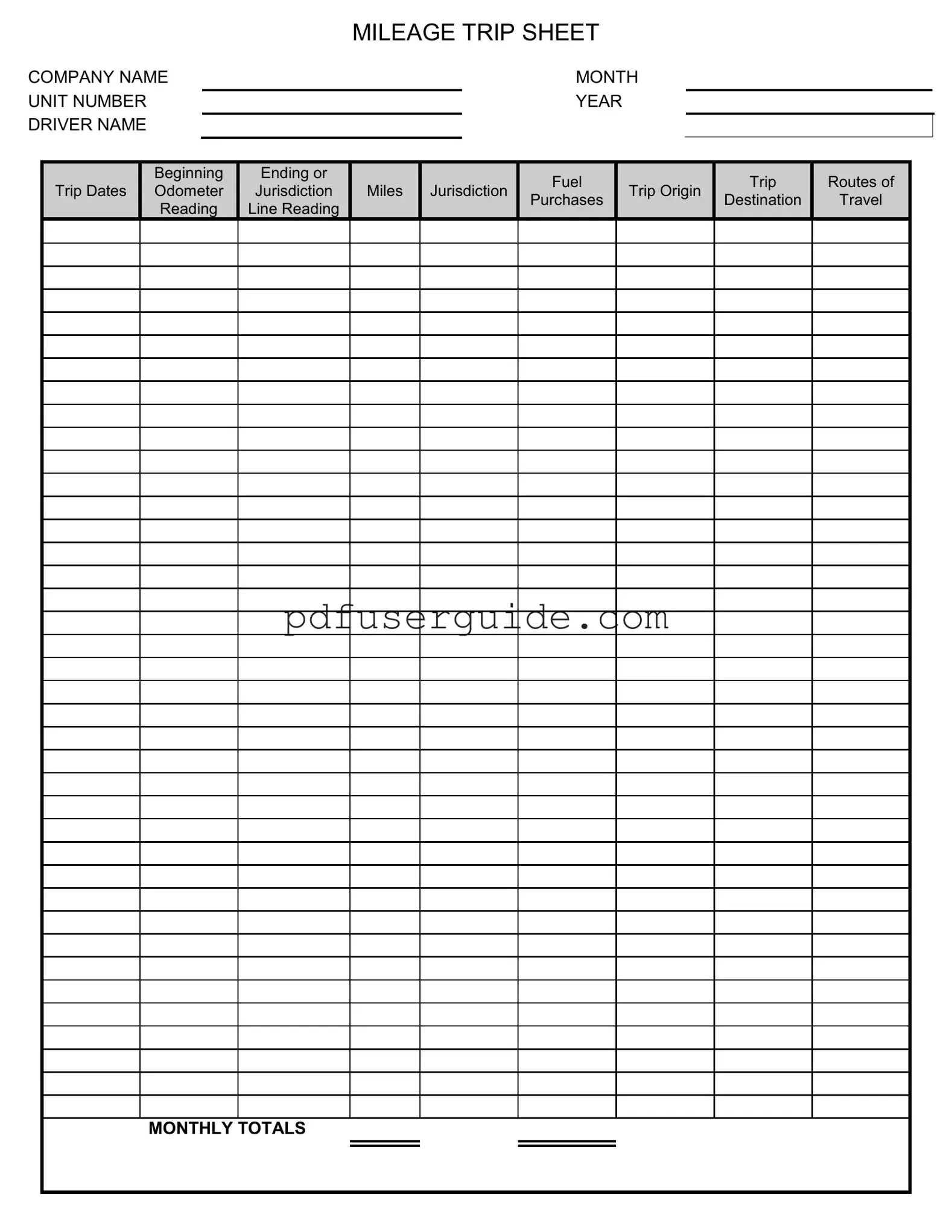 Free Trip Sheet Form in PDF