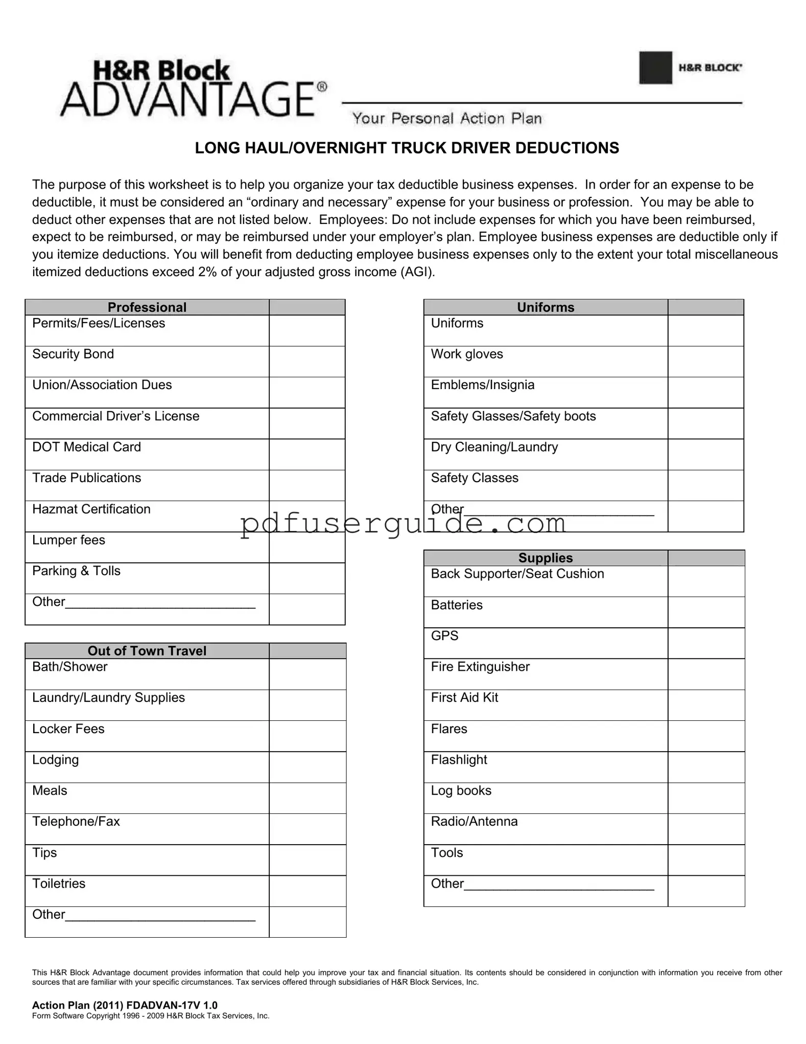 Free Truck Driver Expenses Worksheet Form in PDF