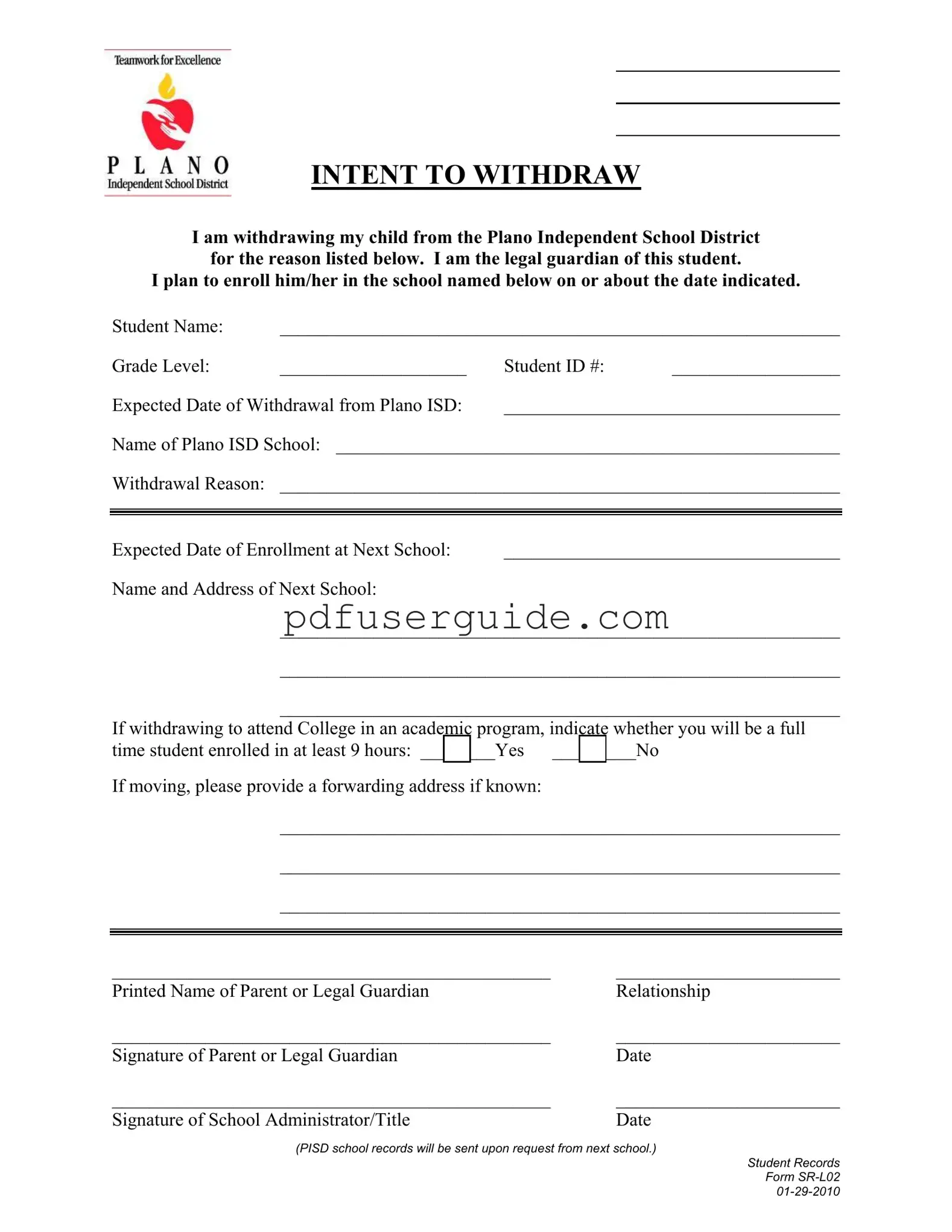 Free Unenrolling From Plano Isd Form in PDF