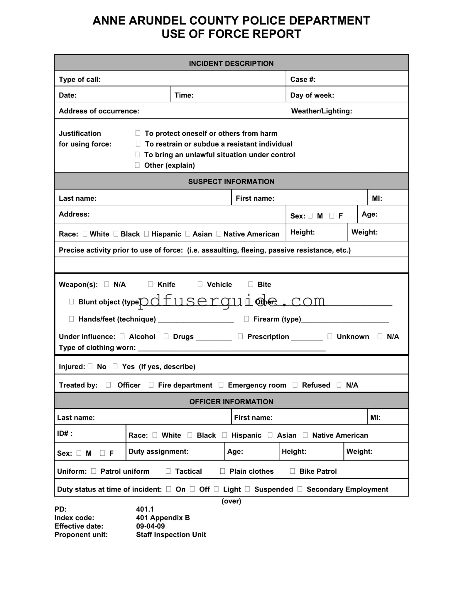 Free Use Of Force Report Form in PDF
