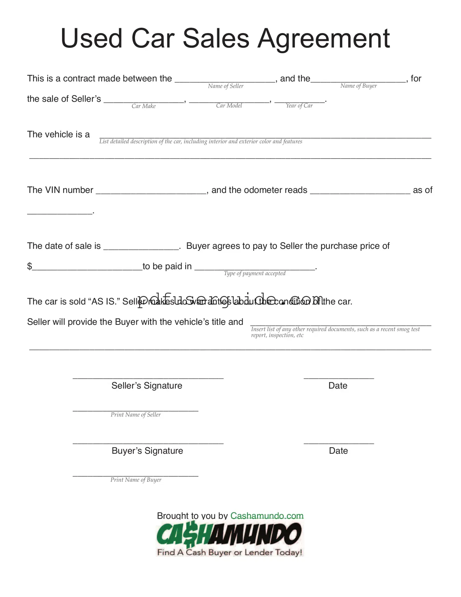 Free Used Car Agreement Form in PDF