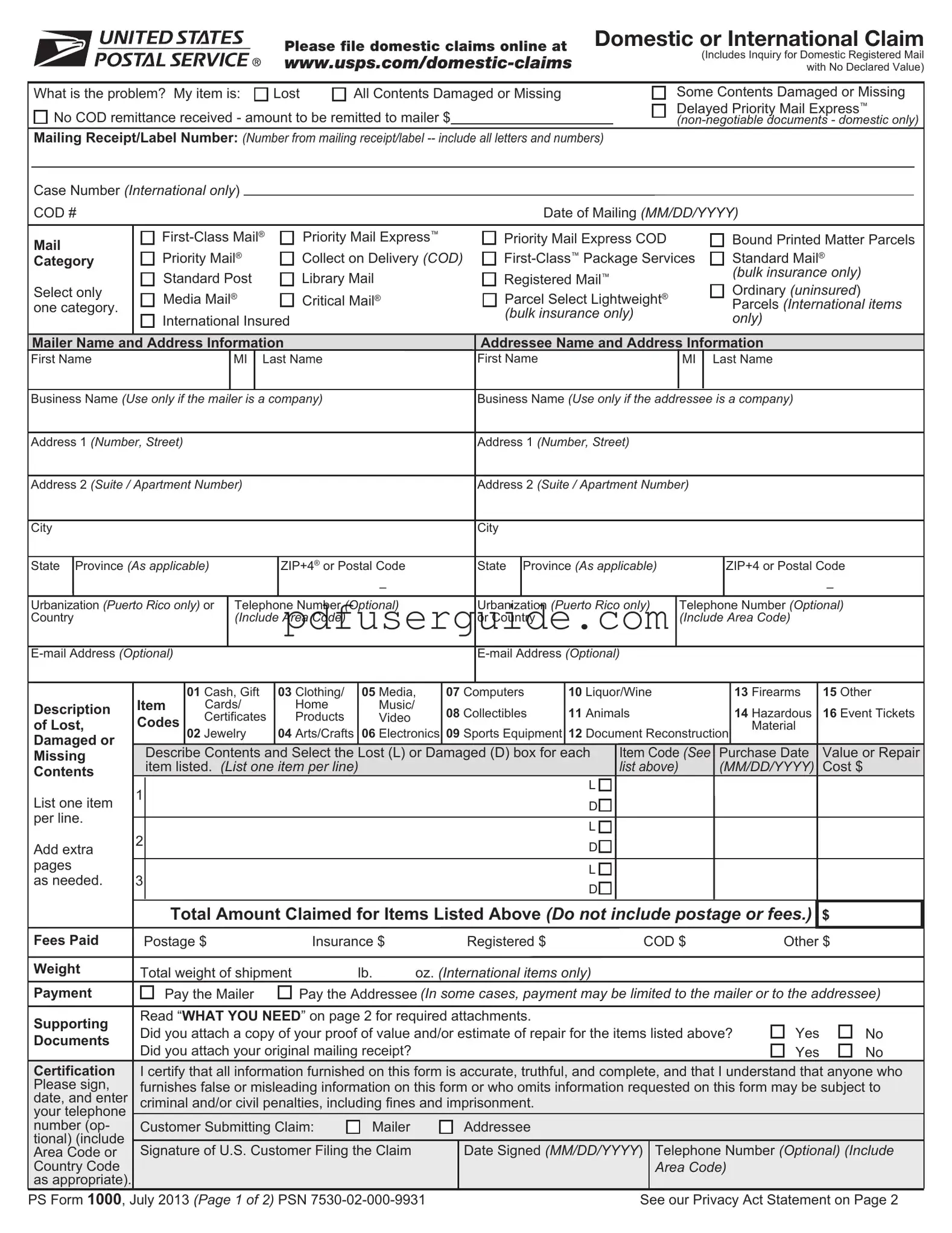 Free Usps Domestic Claim Form in PDF