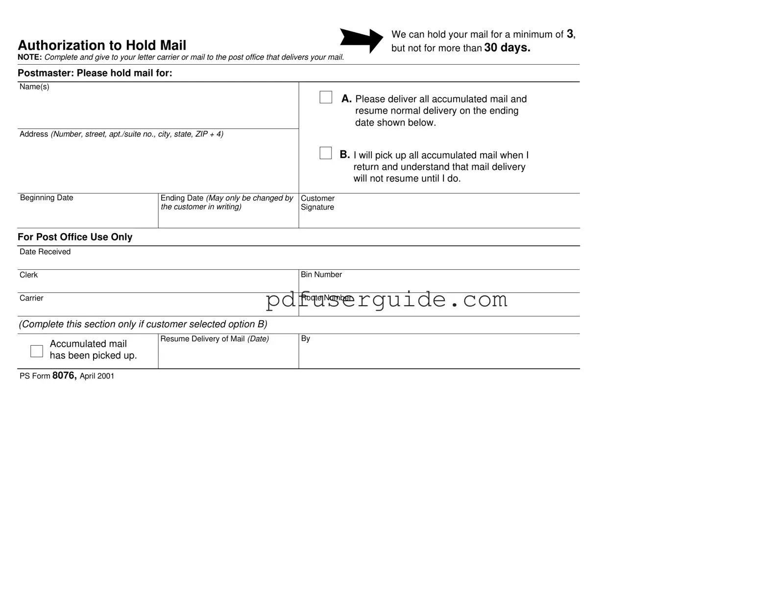 Free Usps Hold Mail Request Form in PDF