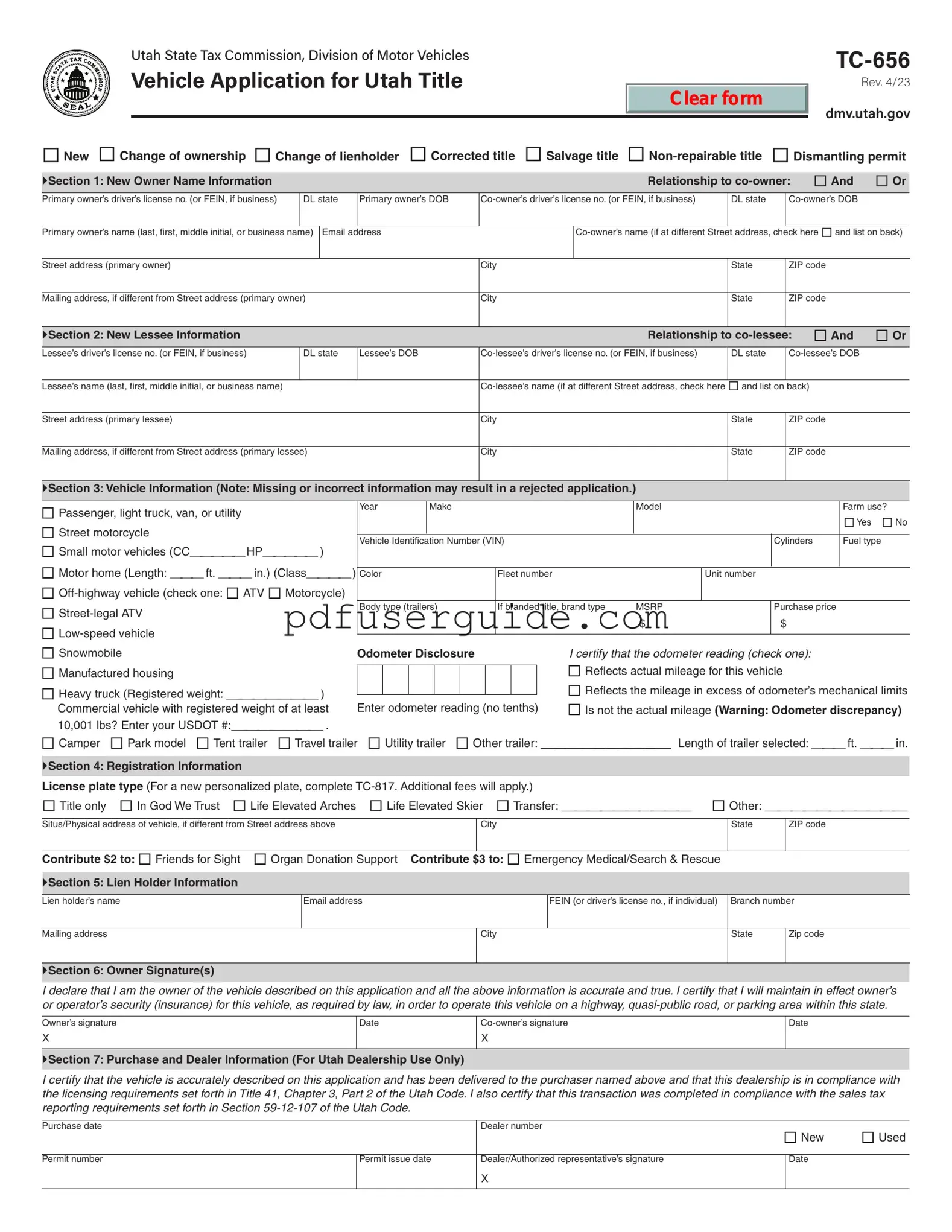 Free Utah Dmv Tc 656 Form in PDF