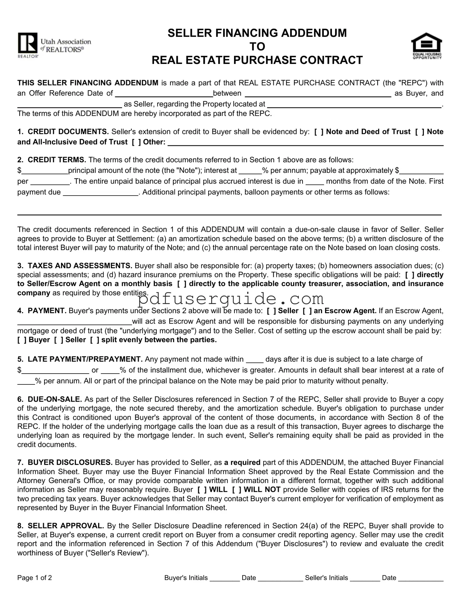 Free Utah Seller Financing Addendum Form in PDF
