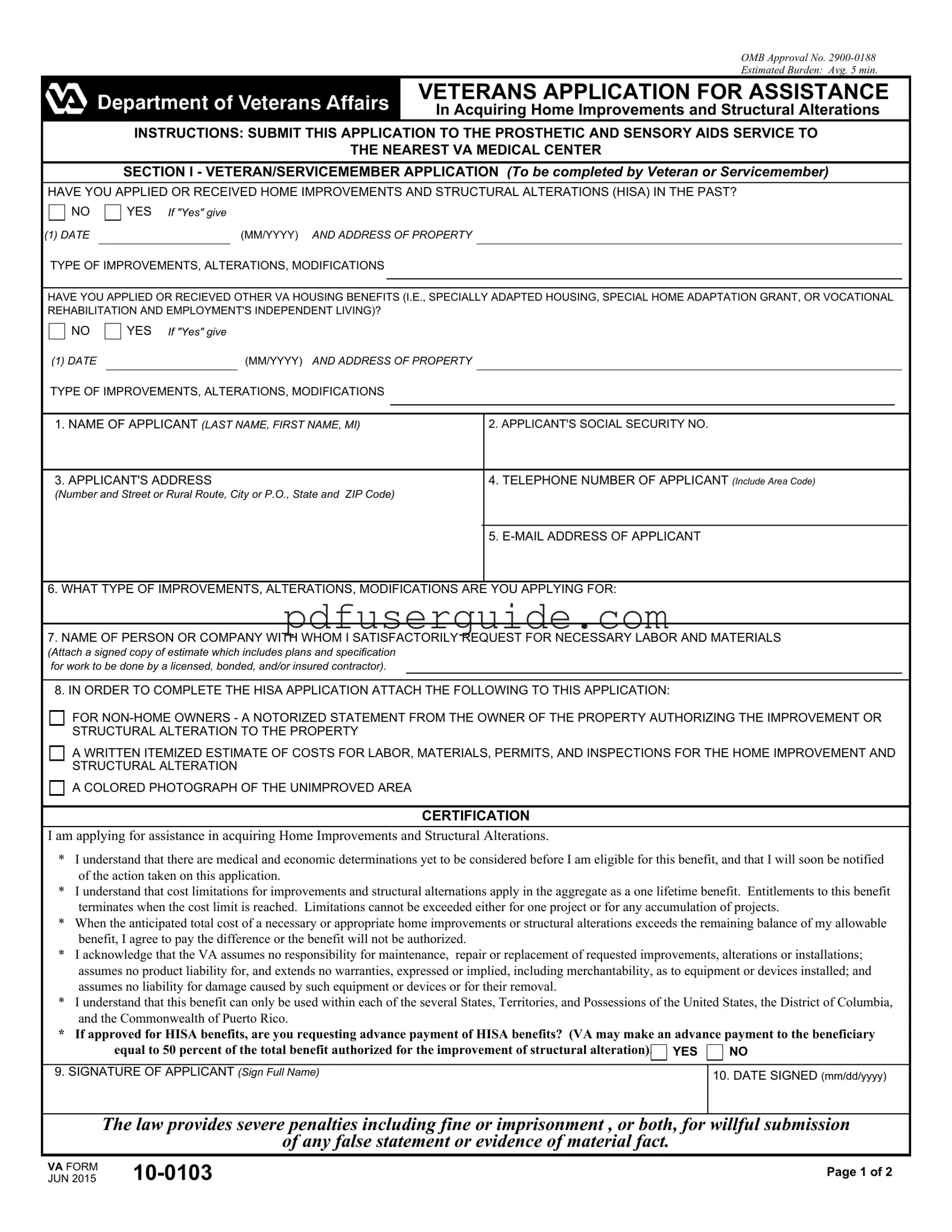 Free Va 10 0103 Form in PDF