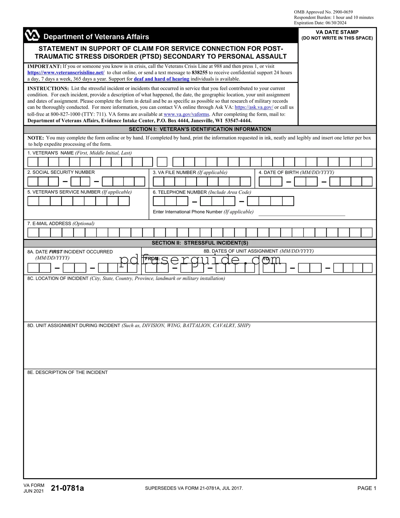 Free Va 21 0781A Form in PDF