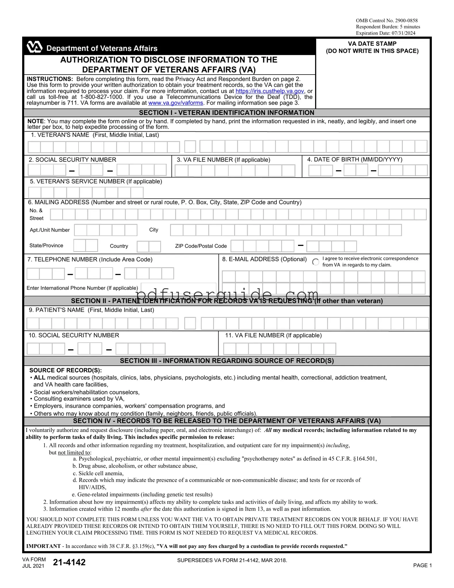 Free Va 21 4142 Form in PDF