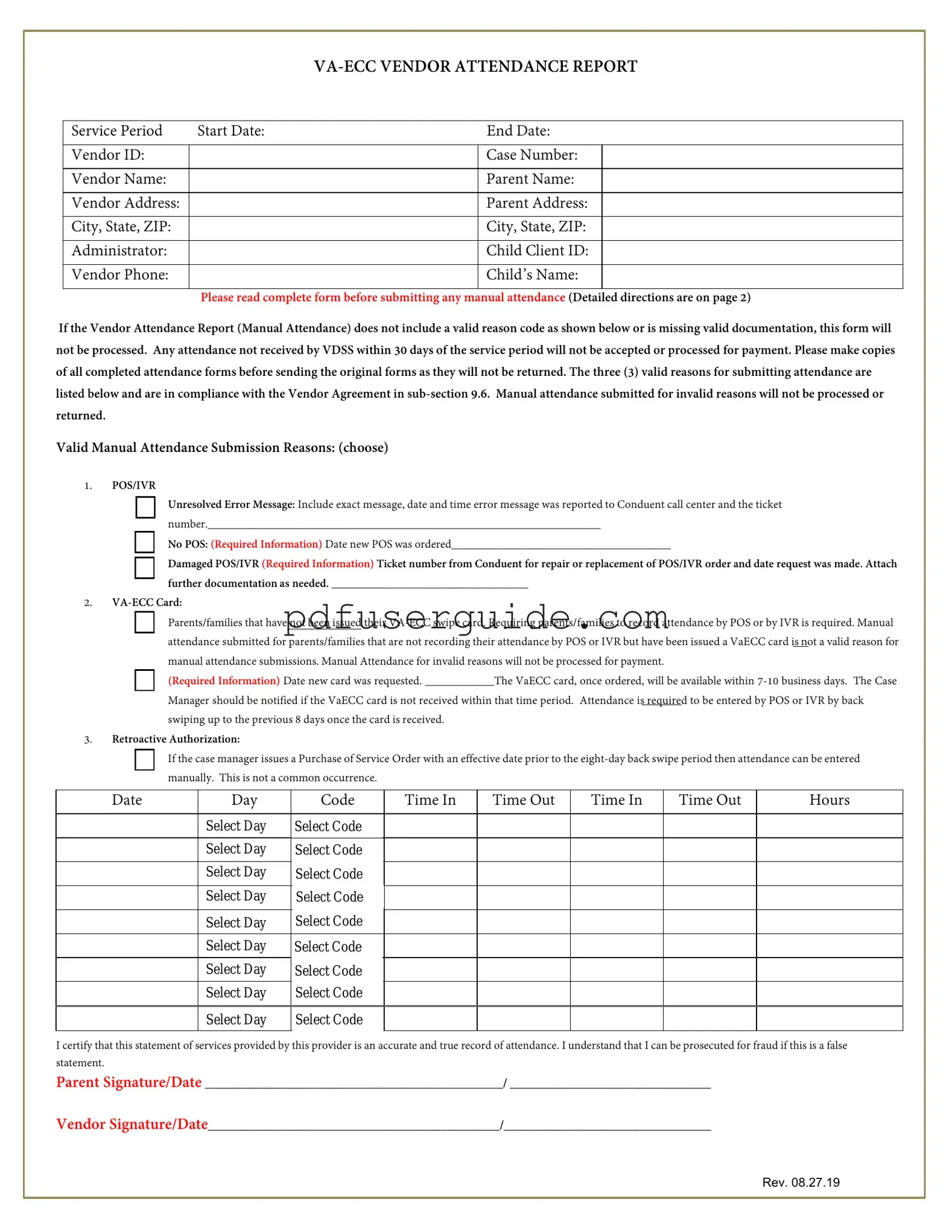 Free Va Ecc Vendor Attendance Report Form in PDF