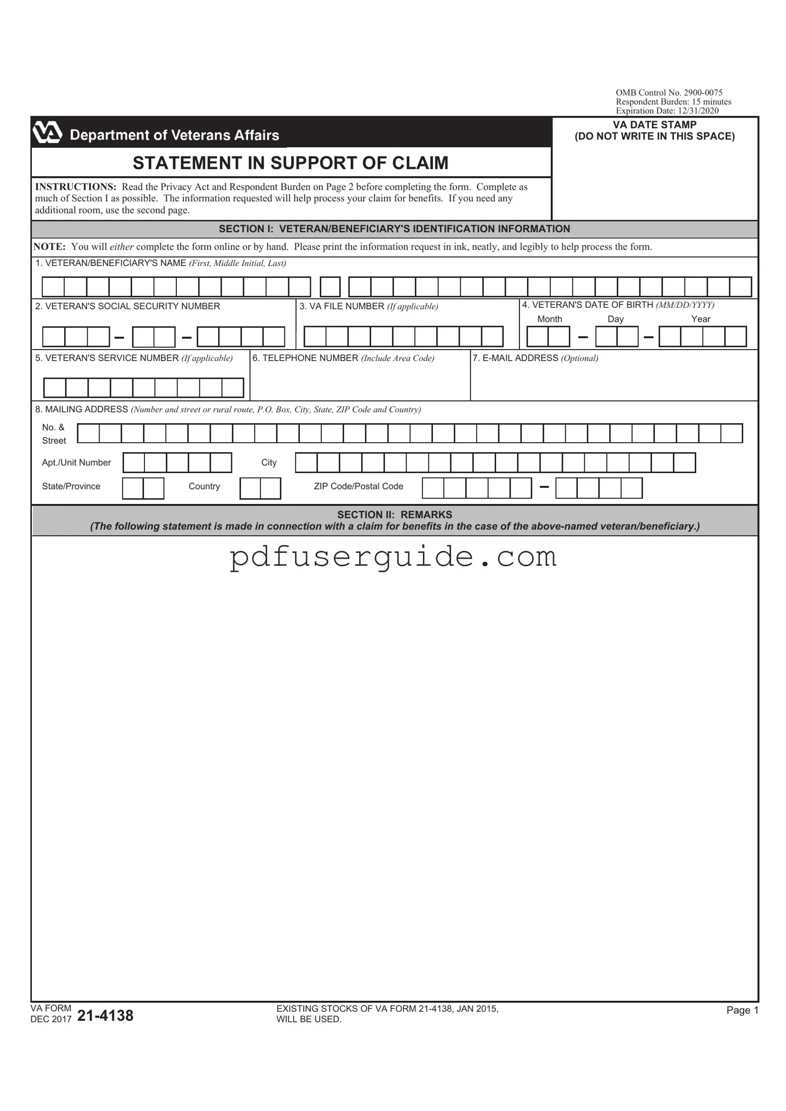 Free VBA VA 21 4138 Form in PDF