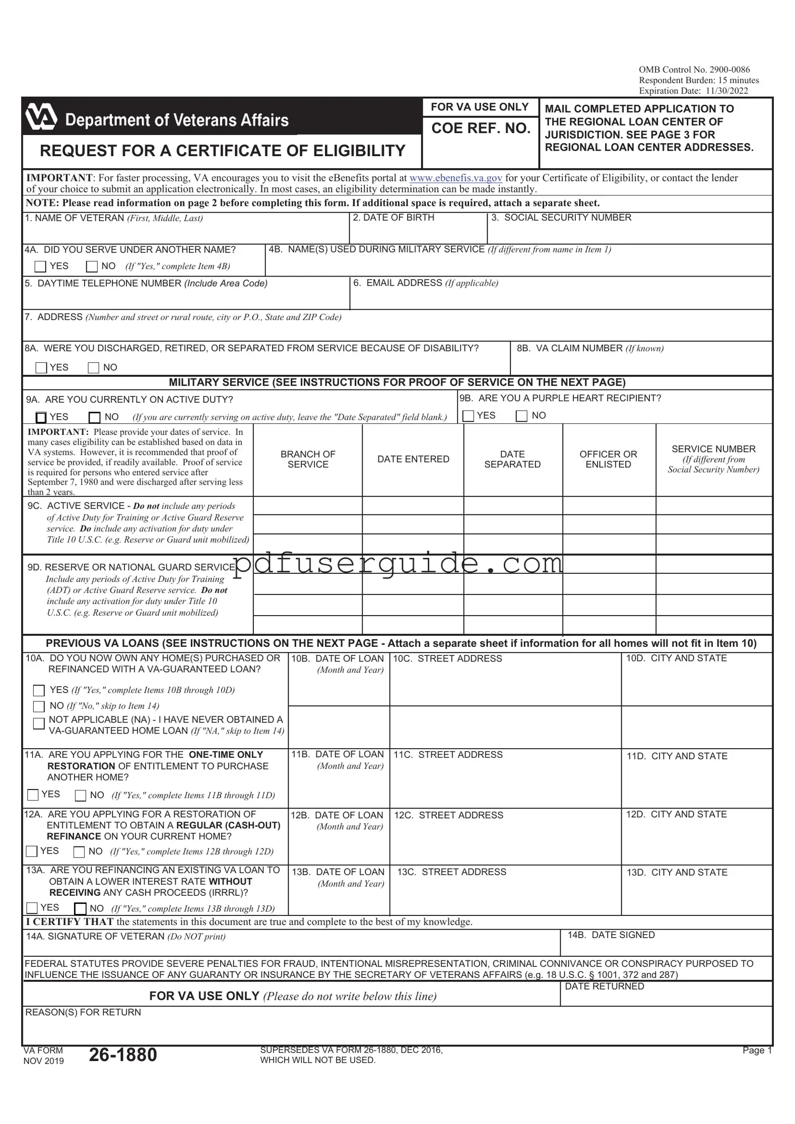 Free VBA VA 26-1880 Form in PDF