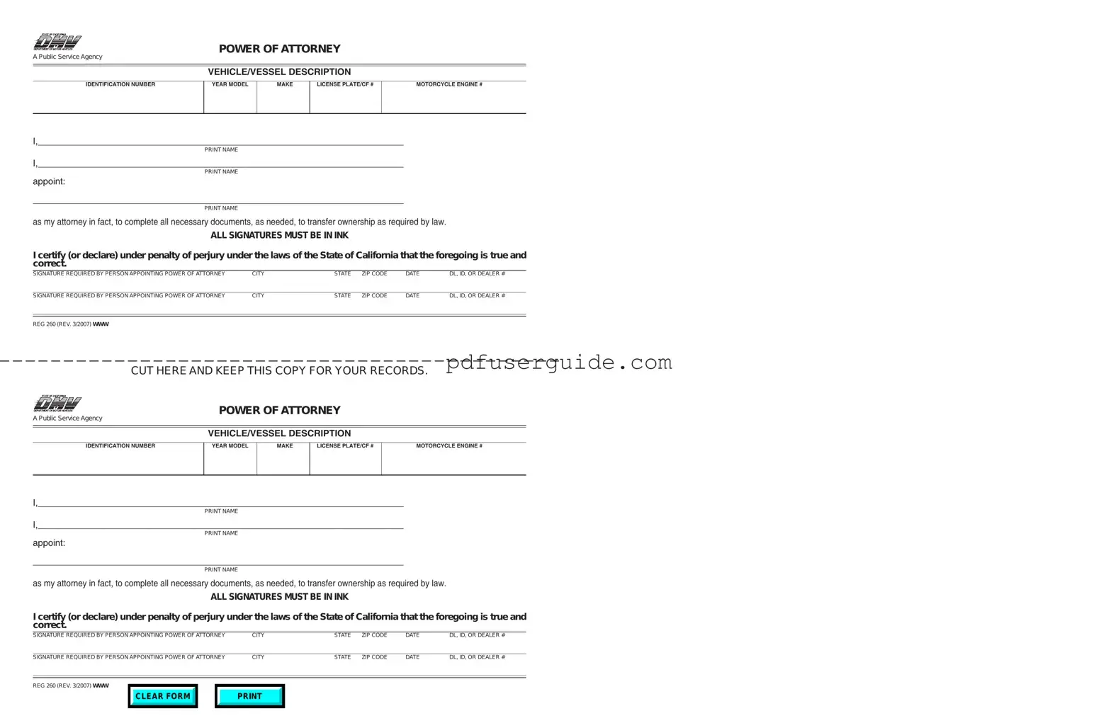 Free Vehicle POA REG 260 Form in PDF