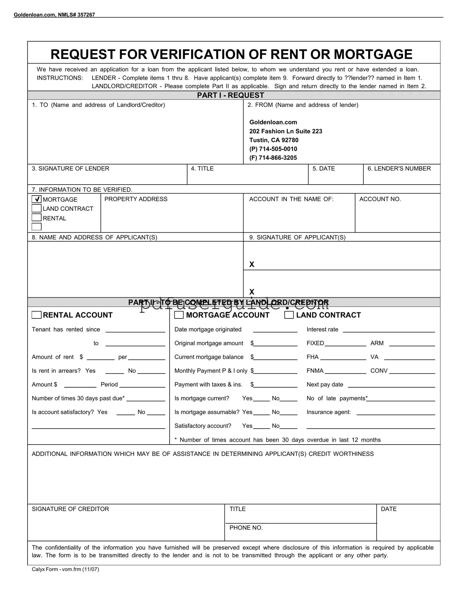 Free Verification Rent Mortgage Form in PDF