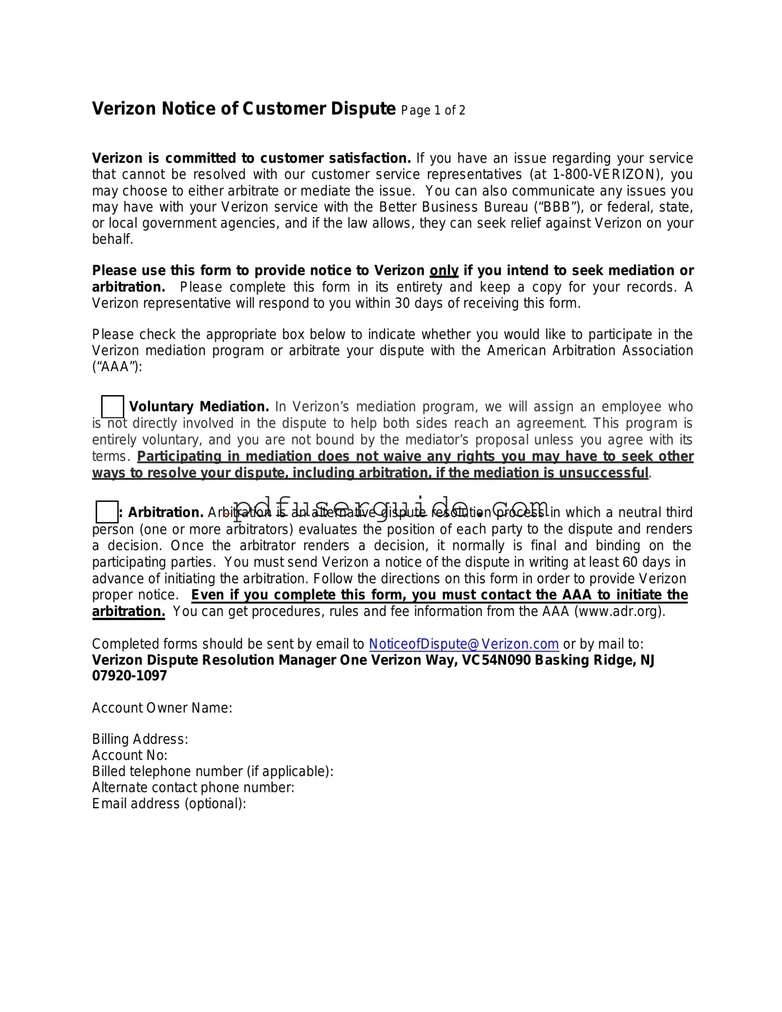Free Verizon Dispute Form in PDF