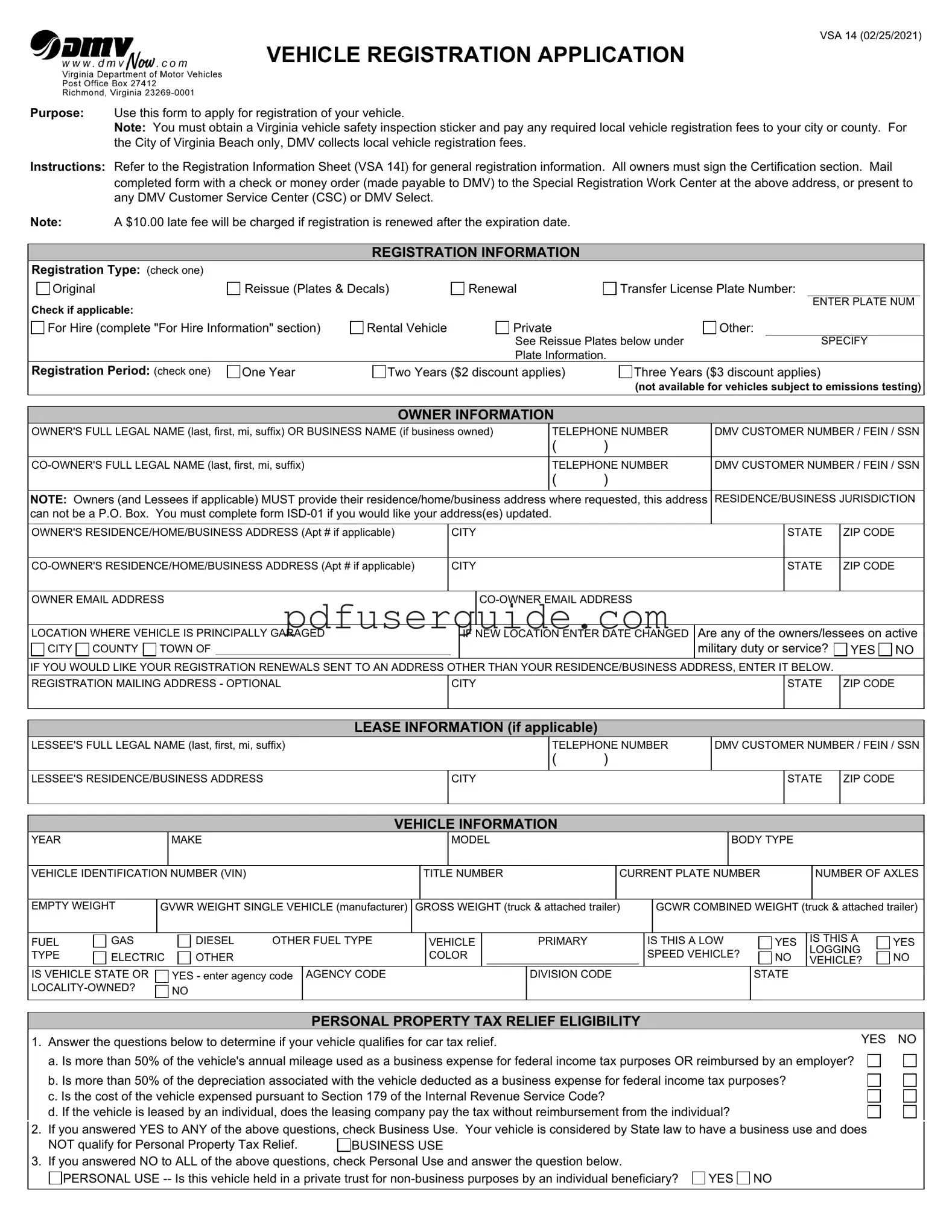 Free Virginia Dmv Registration Form in PDF