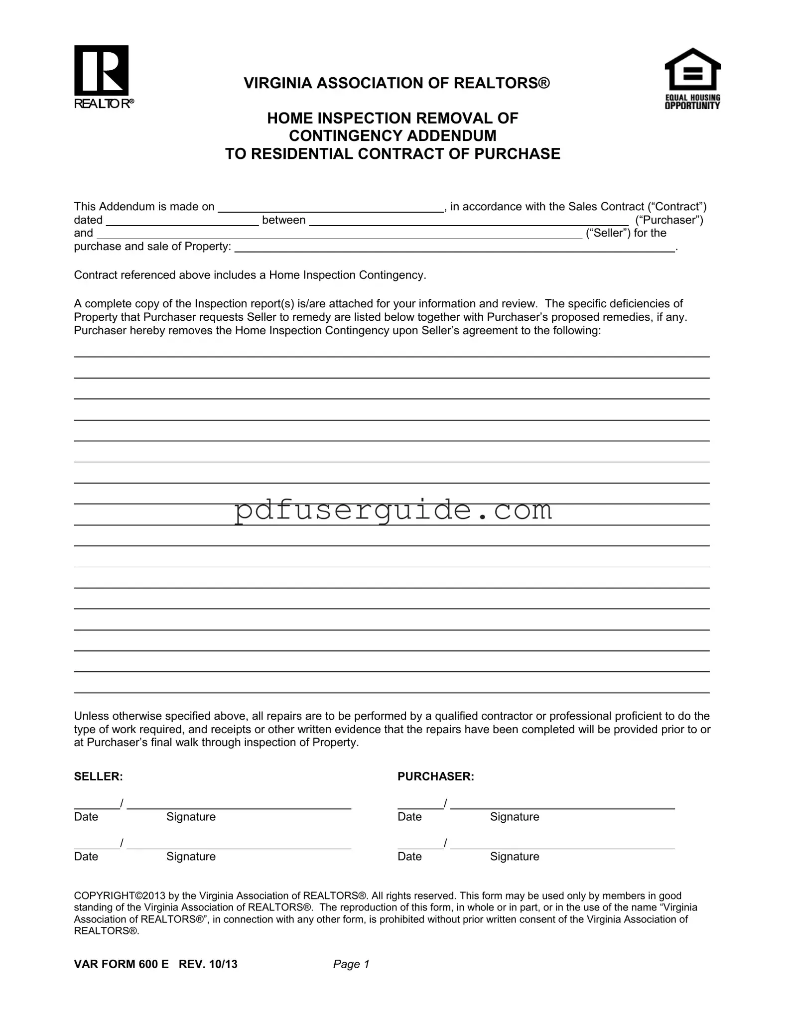 Free Virginia Home Inspection Addendum Form in PDF