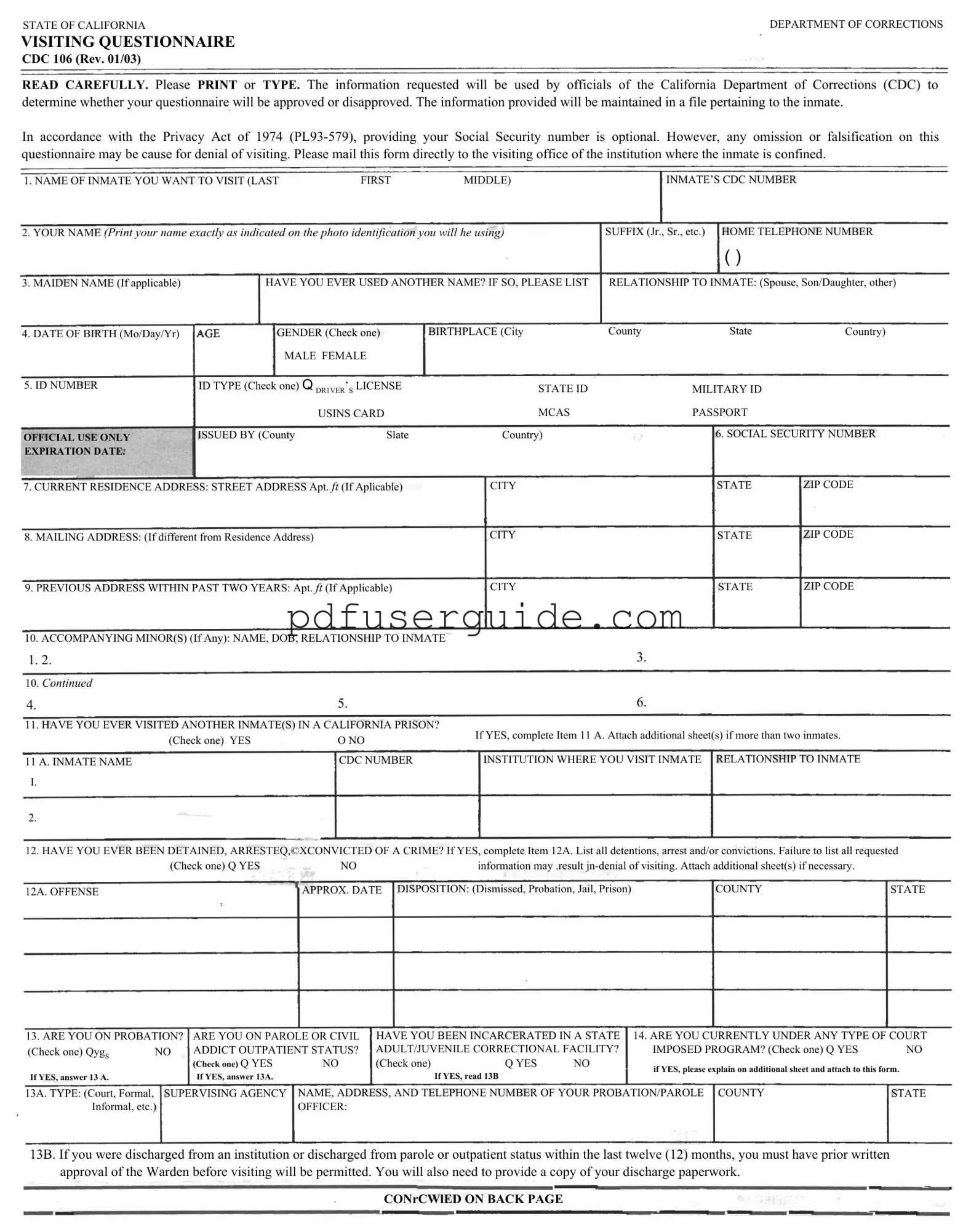 Free Visiting Questionnaire Form in PDF