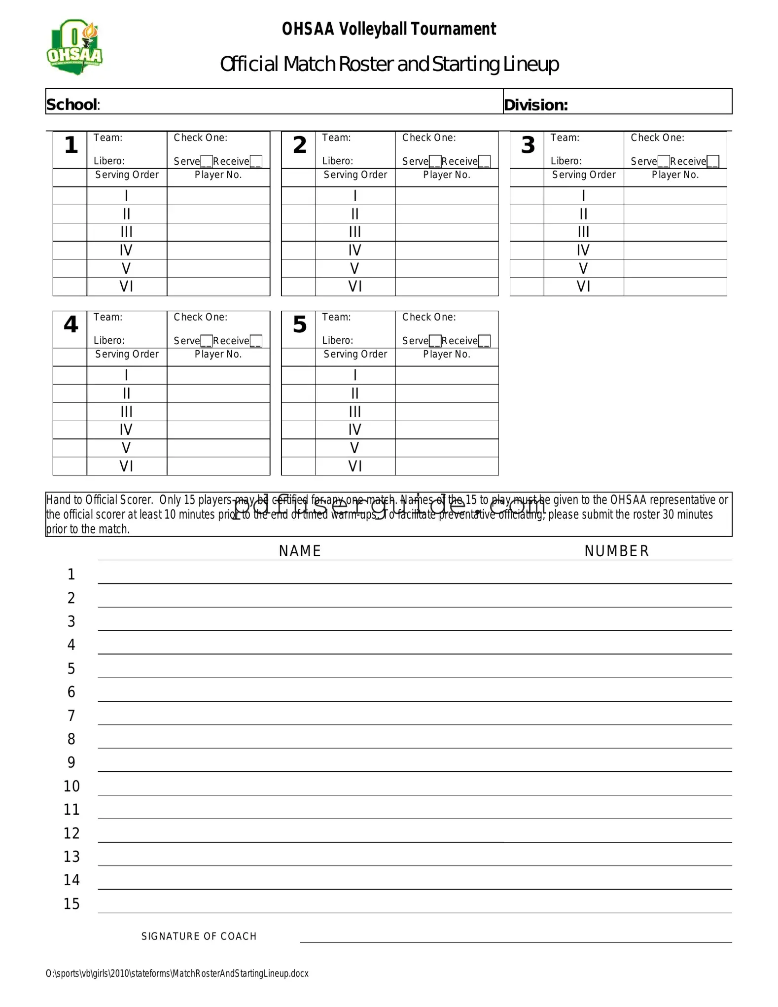 Free Volleyball Official Lineup Form in PDF
