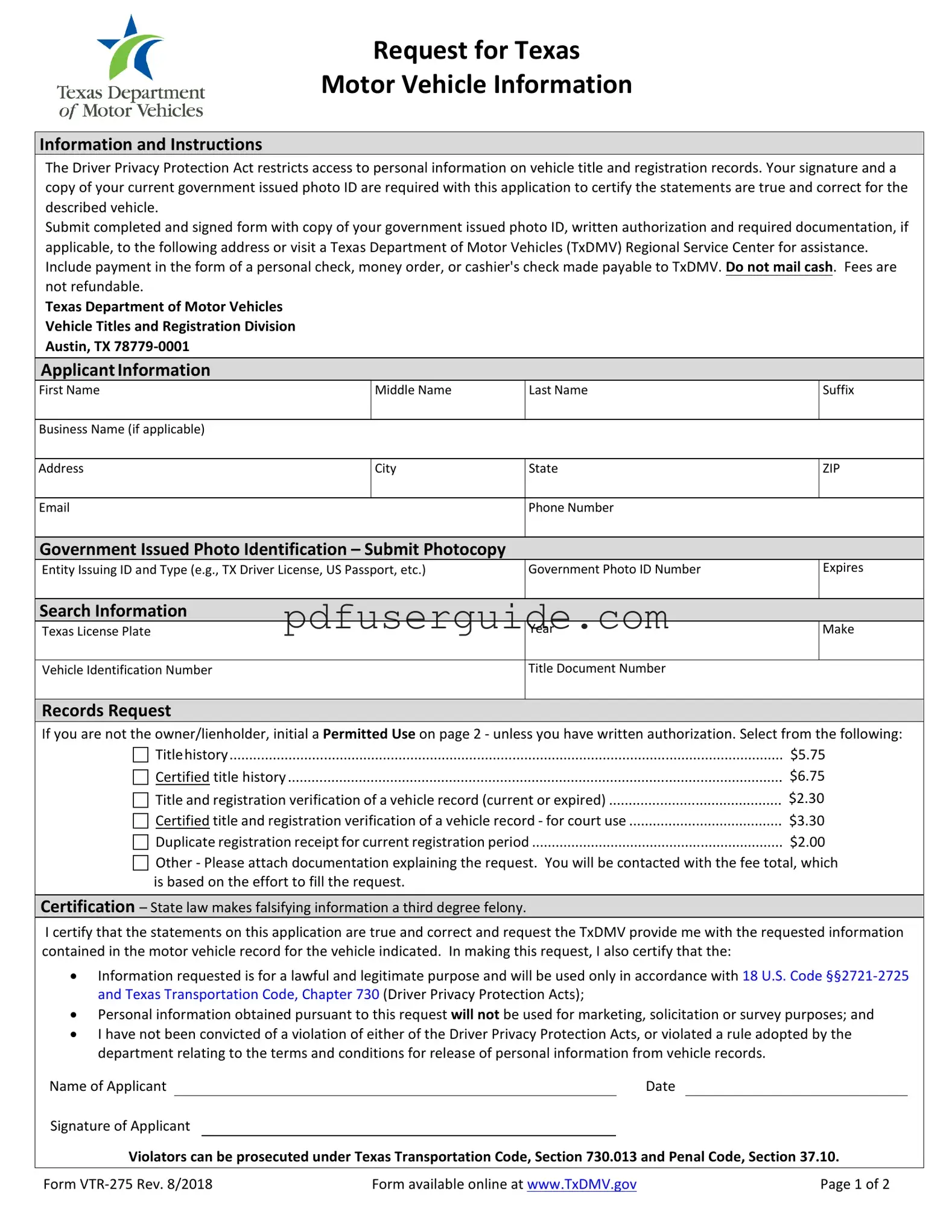 Free Vtr 275 Form in PDF