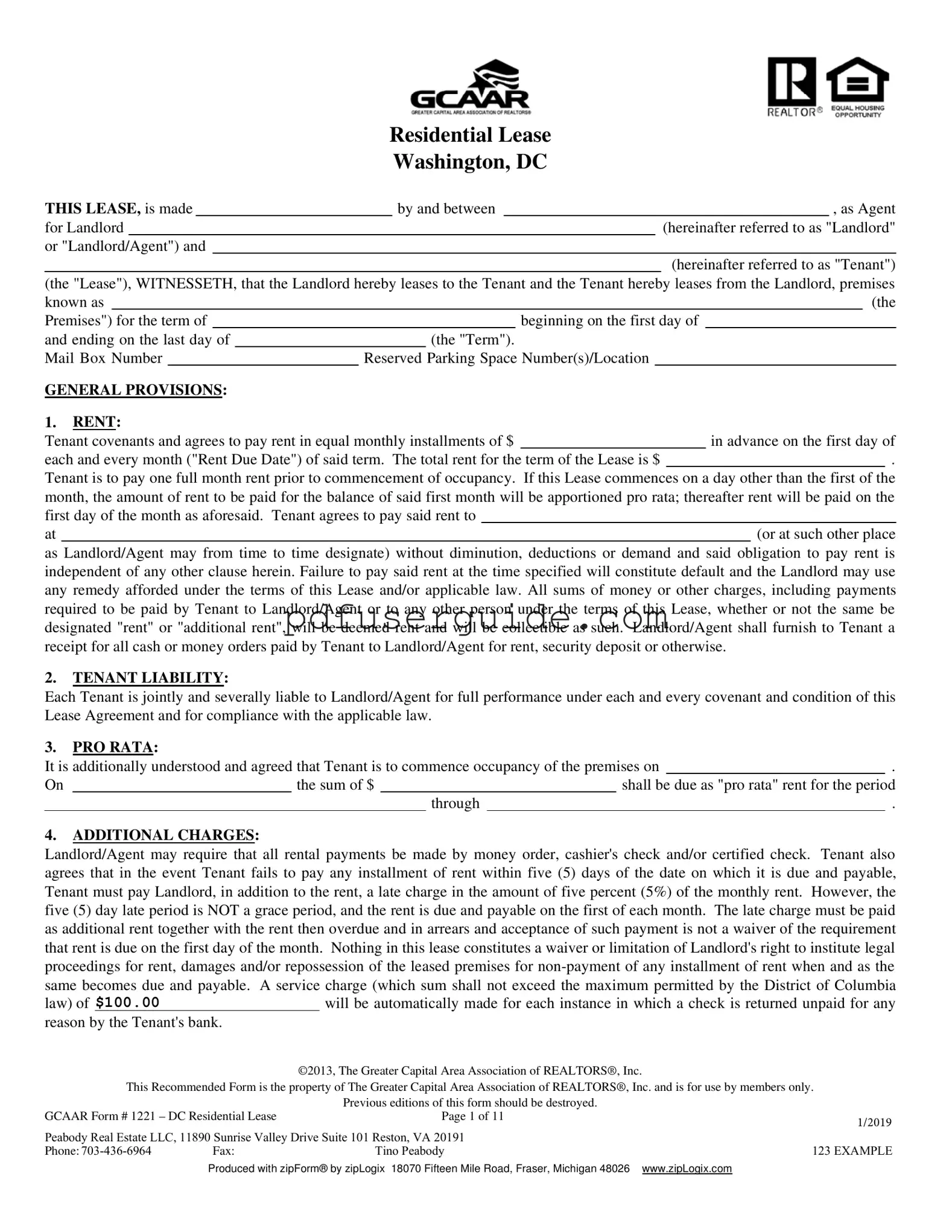 Free Washington Dc Residential Lease Agreement Form in PDF