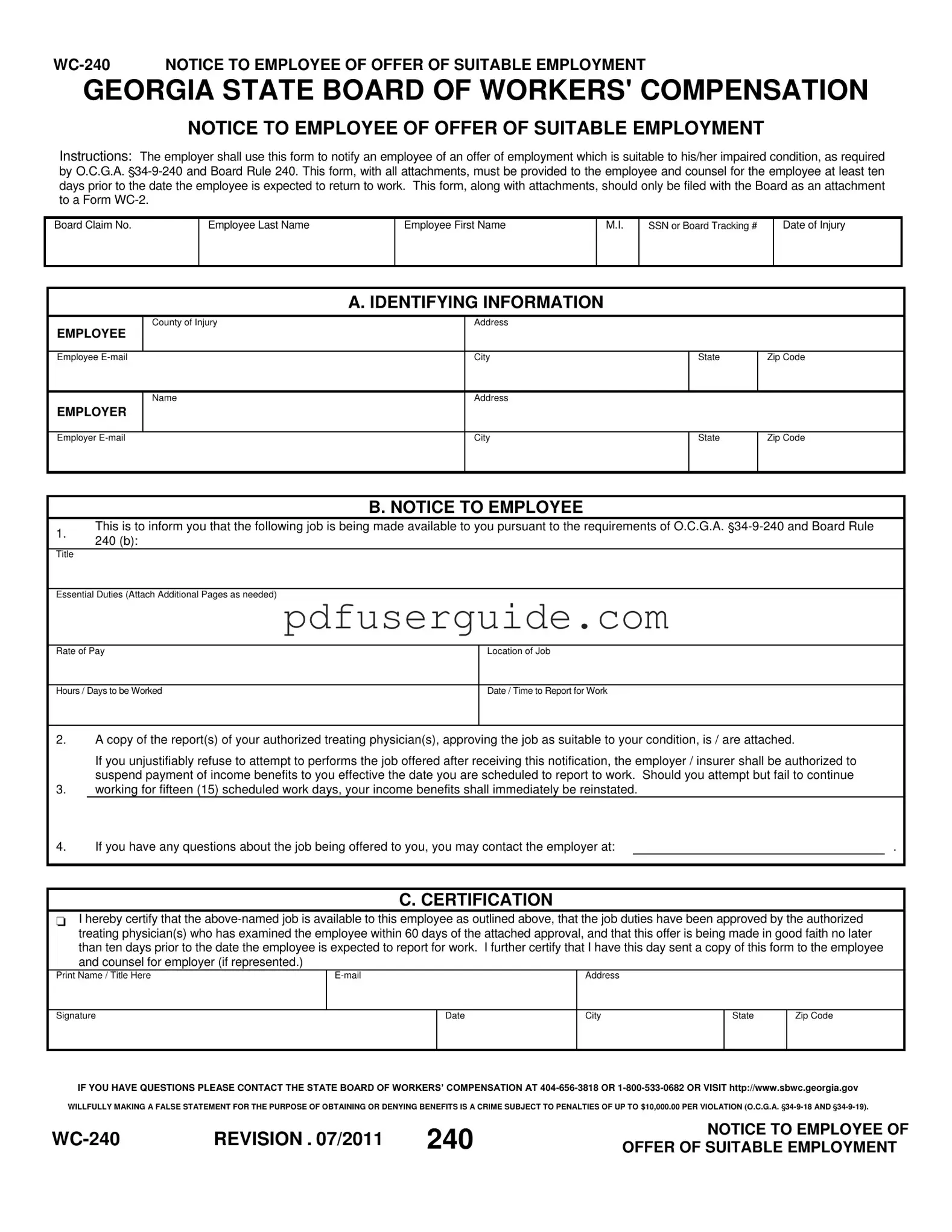 Free Wc 240 Georgia Form in PDF