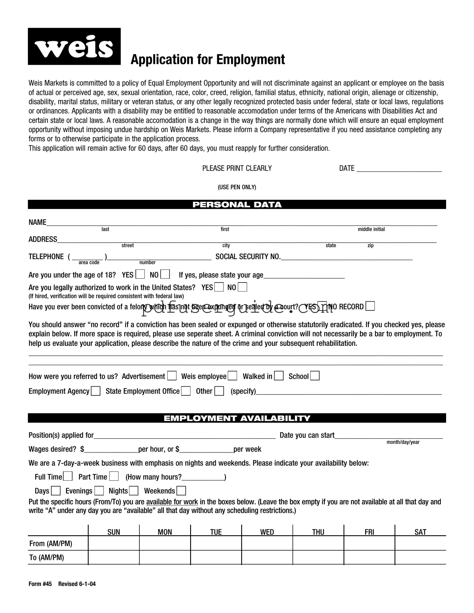 Free Weis Employment Application Form in PDF