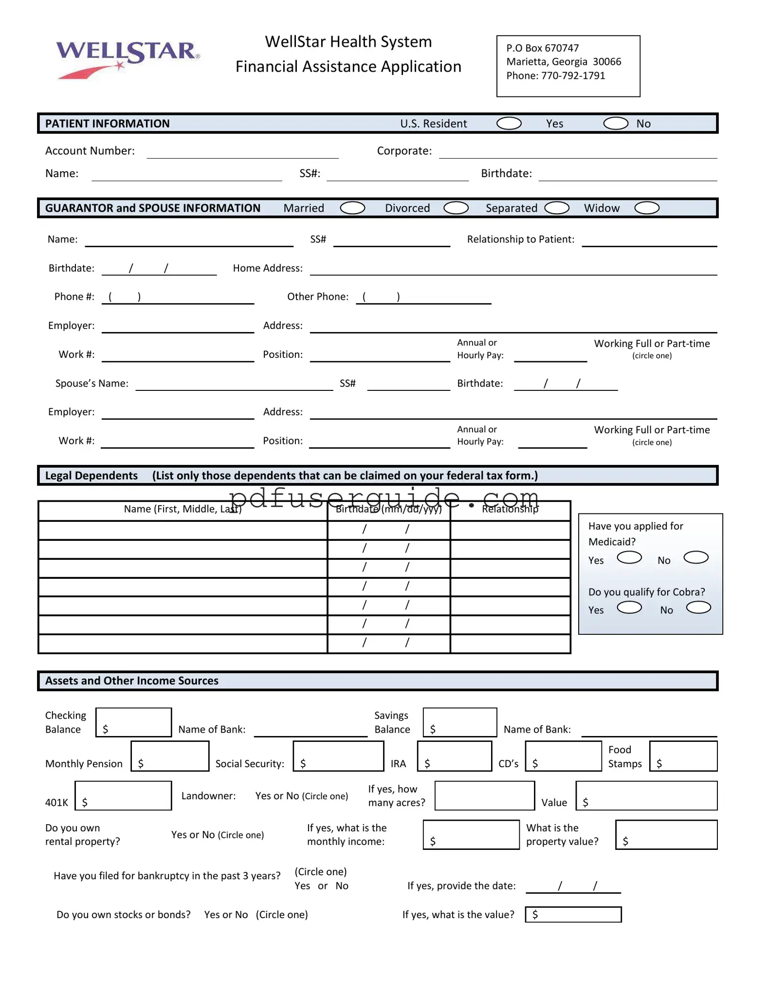 Free Wellstar Financial Assistance Application Form in PDF