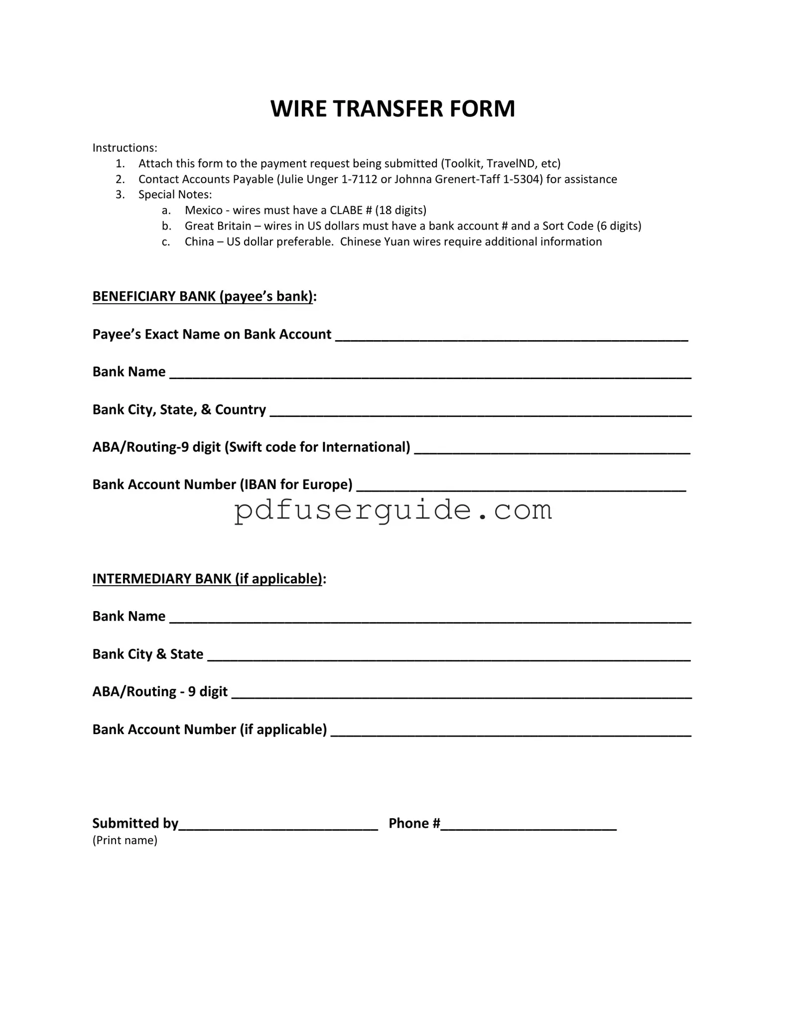 Free Wire Transfer Form in PDF