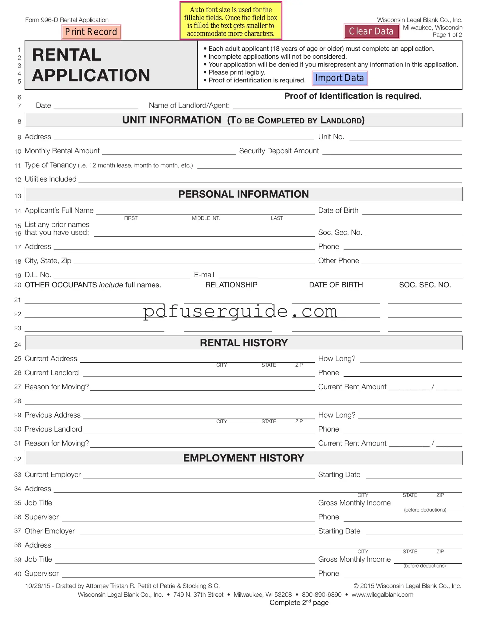 Free Wisconsin Rental Application Form in PDF