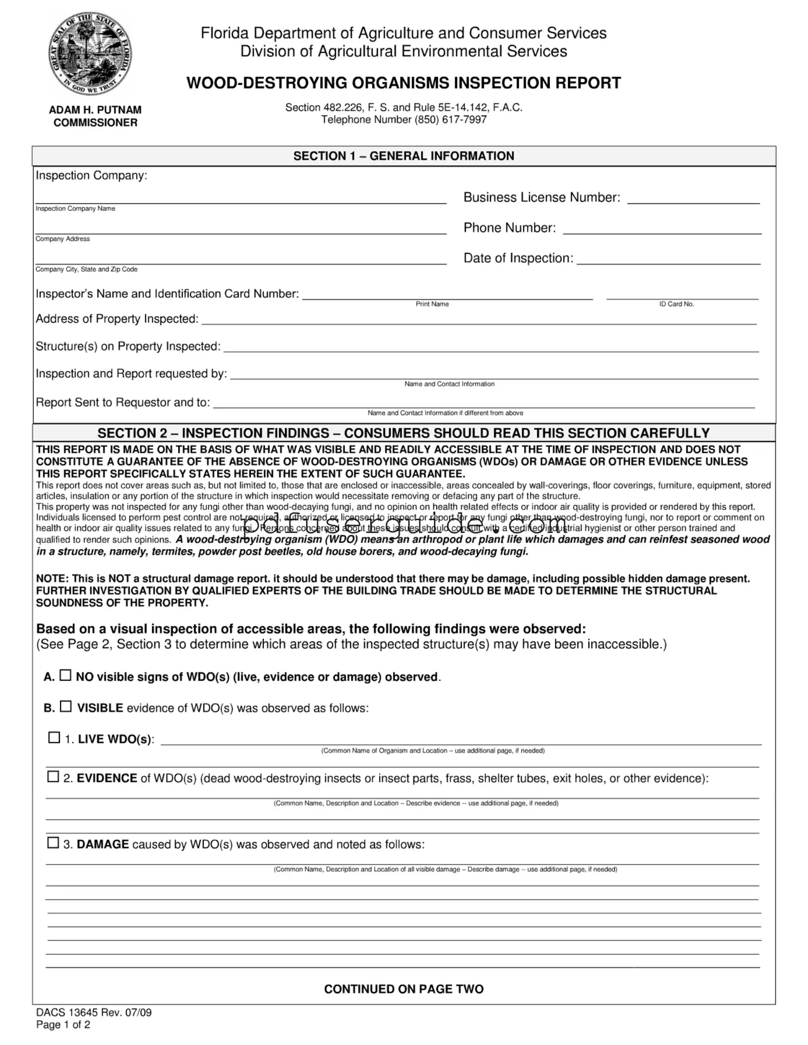 Free Wood Destroying Report Form in PDF