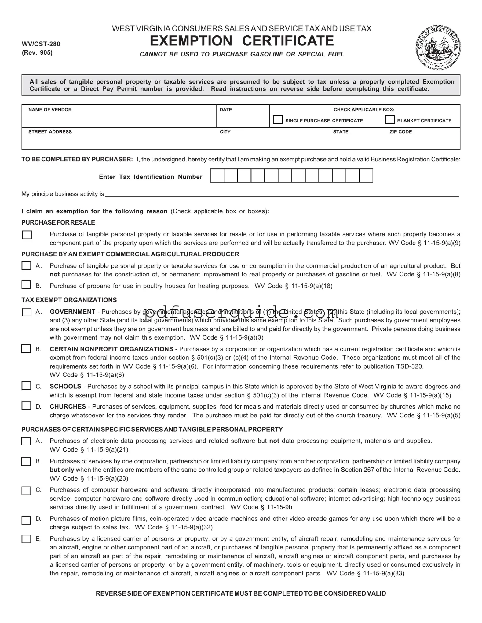 Free Wv Tax Exempt Form in PDF