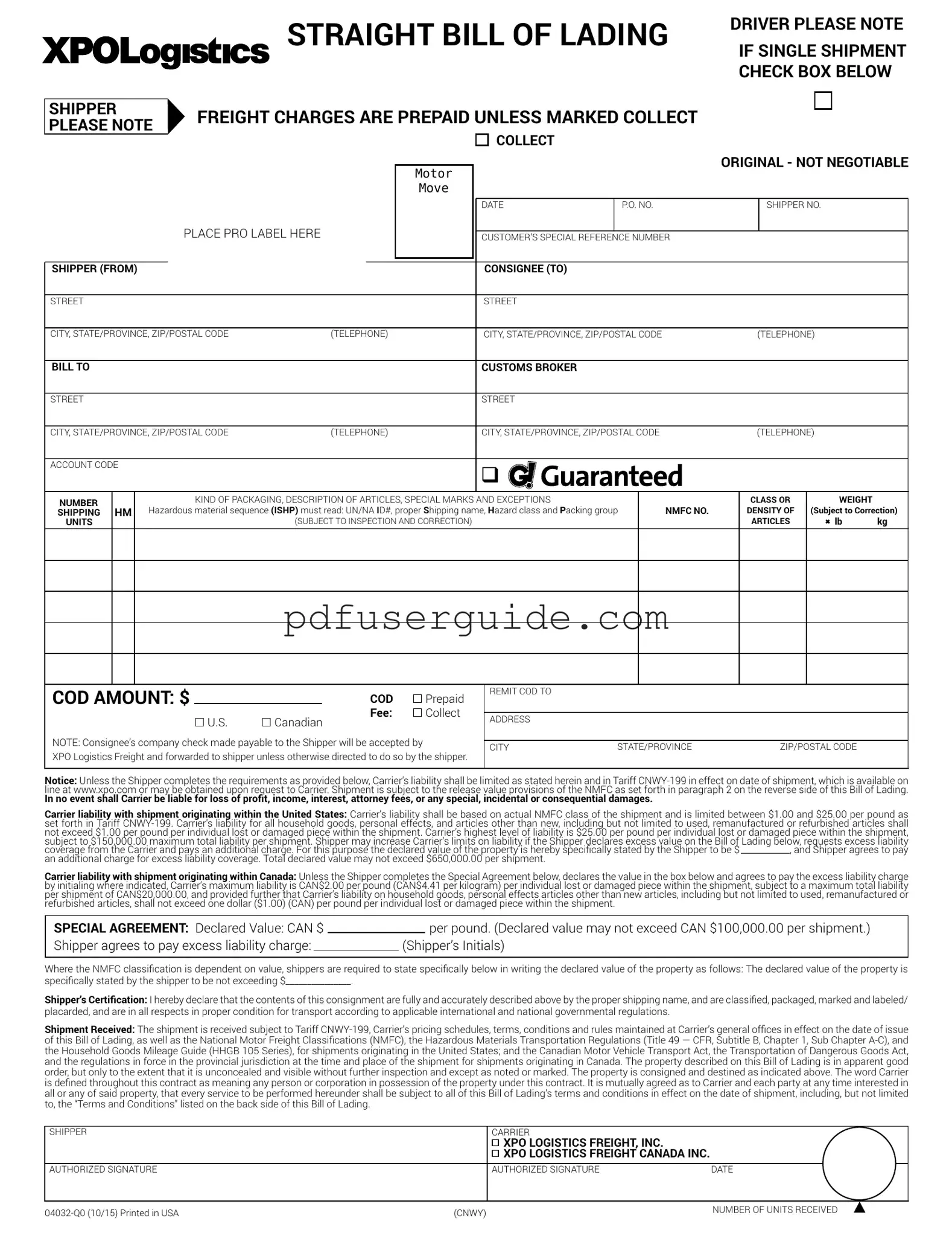 Free Xpo Logistics Bill Of Lading Form in PDF