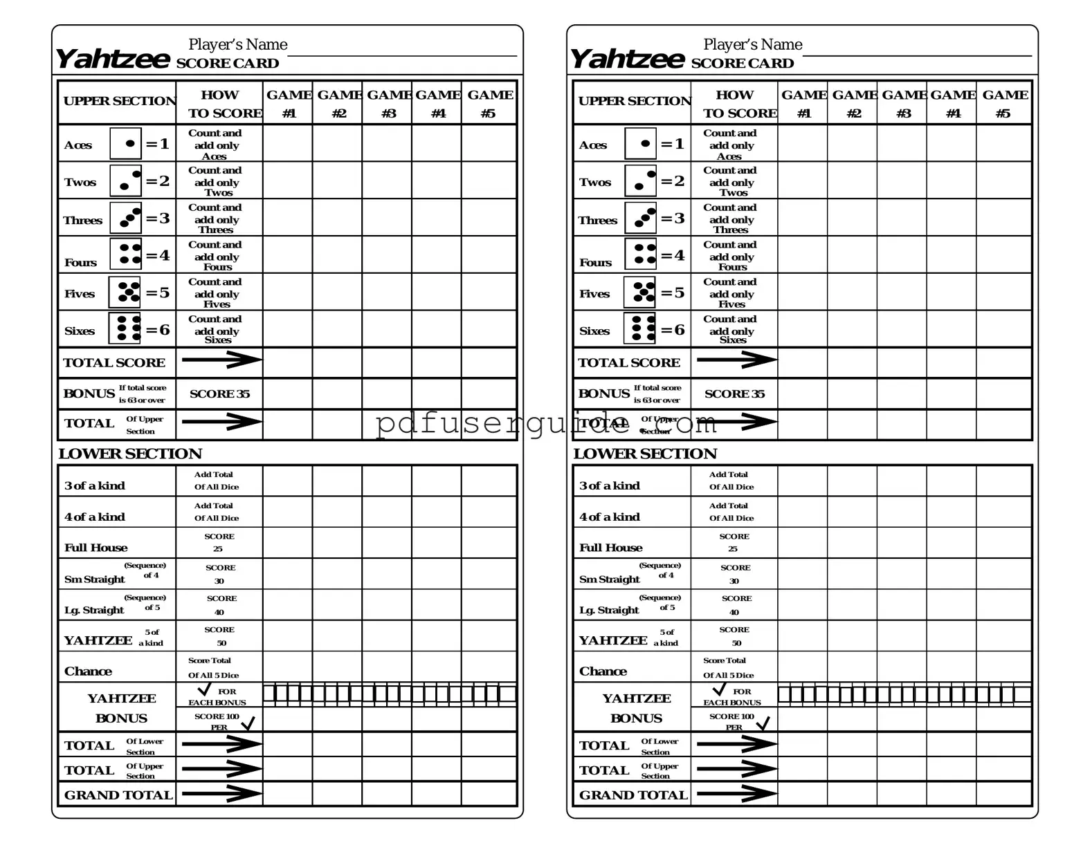 Free Yahtzee Score Card Form in PDF